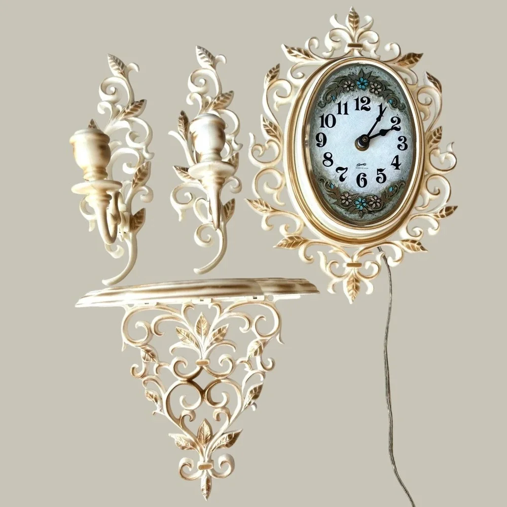Vtg Spartus Wall Clock Shelf Sconces Set‎ 4pc Hollywood Regency Gold Cream 60s
